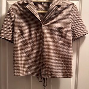 RIHOAS Brown and Cream Gingham Short-Sleeve Button Front Blouse